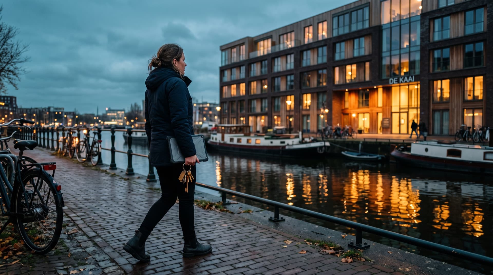 Vastgoedbeheerder met sleutelbos en tablet voor een modern appartementengebouw aan het water bij schemering.